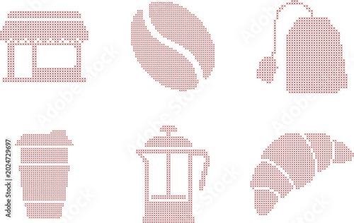 Set of cross stitch style coffee and tea shop elements 