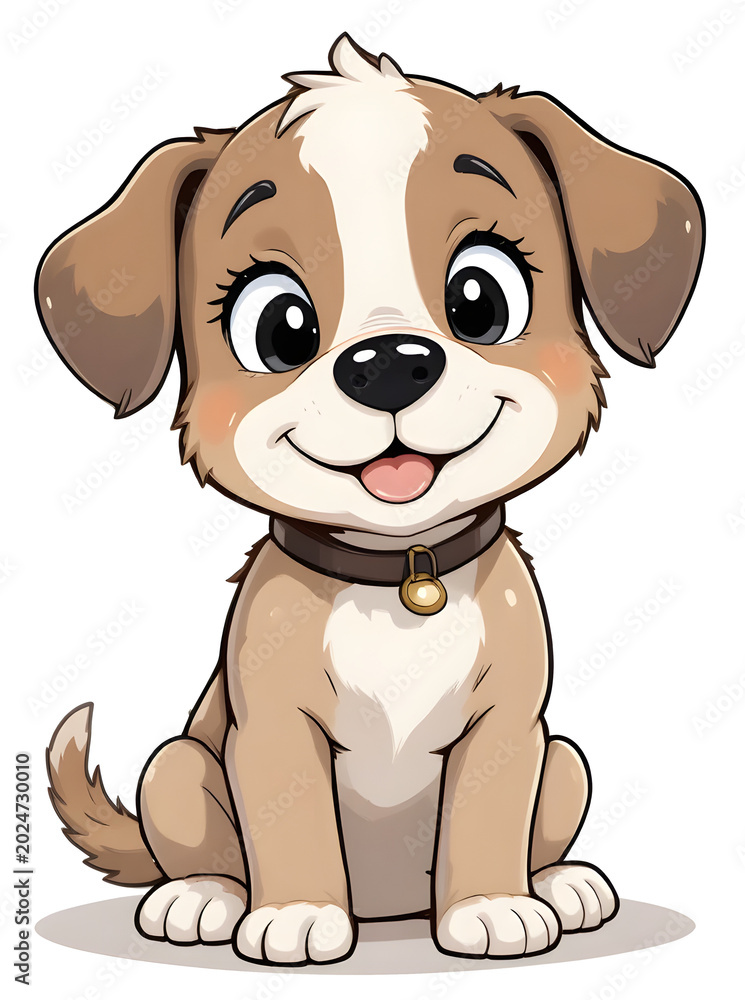Obraz premium Cartoon-style illustration of a puppy sitting with a soft light-brown and white coat, highlighted by a wide white blaze running up its face and chest.