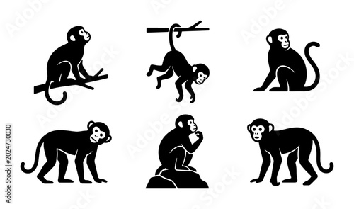Photography Monkey Icons Vector Set: Primate Silhouettes, Jungle Animals, Wildlife Graphics,