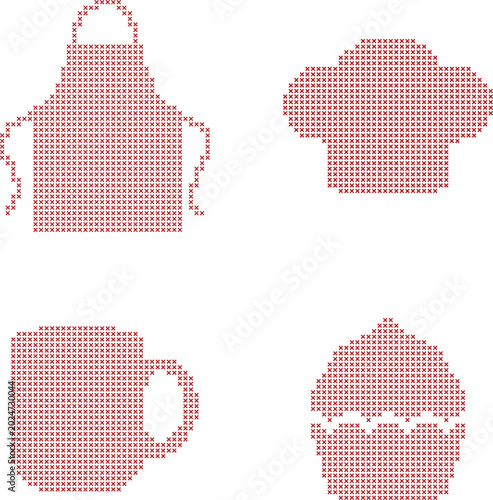 Set of crossstitch baking and kitchen icons apron, chef hat, mug, and cupcake