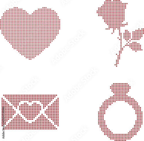 Cross stitch heart, rose, love letter, and engagement ring 