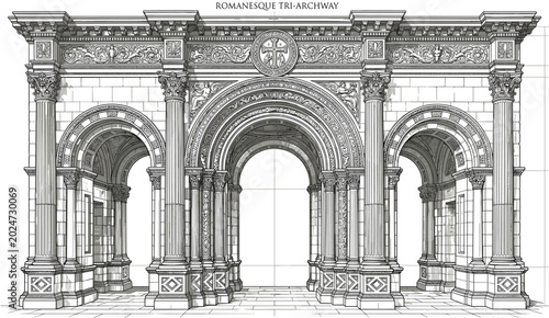 Foto Romanesque architectural archway engraving with ornate classical columns and his