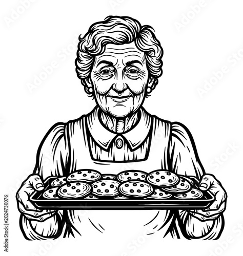 Smiling Old Grandma Holding Tray of Cookies Black and White Outline Line Art Drawing Vector Icon