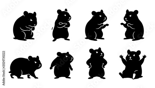 Tableau sur toile Adorable Hamster Silhouettes, Cute Rodent Poses Vector Set, Black and White Pet