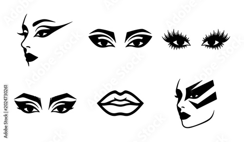 Foto Dramatic Makeup Elements, Vector Faces and Lips, Bold Eyeshadow and Eyeliner Gra