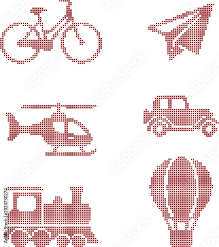 Cross stitch style transportation icons set isolated