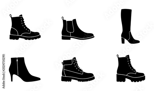 Foto Diverse Boot Collection, Fashion Footwear Icons, Black Silhouette Set, Versatile