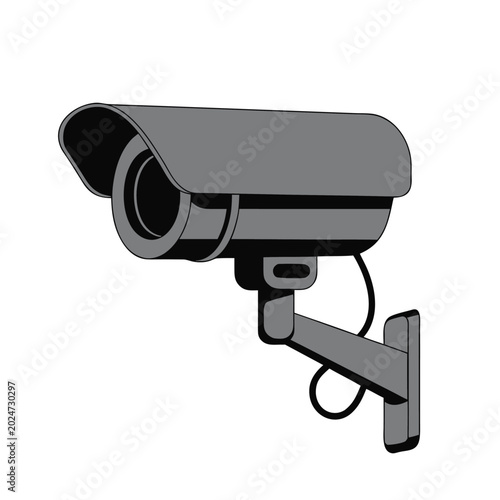 Gray cctv security camera mounted on a wall, with bold black outlines and flat colors