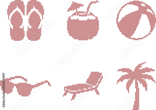 Summer beach vacation elements in cross stitch style