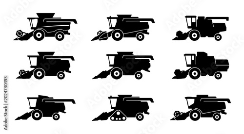 Foto Set of 9 Black Silhouette Combine Harvester Icons, Agricultural Machinery Vector