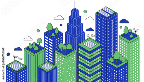 A modern flat illustration of a blue skyscraper with solar panels and plants, representing sustainable urban architecture and green energy.
