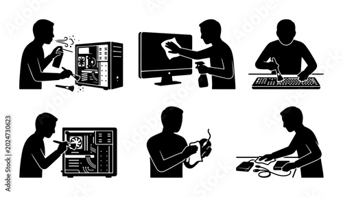Tableau sur toile Computer Maintenance Icons Set, PC Repair and Cleaning Silhouettes, Technology S