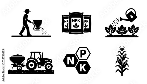 Foto Agriculture Icons Set: Farmer, Fertilizer Bags, Watering Plants, Tractor, NPK Fo