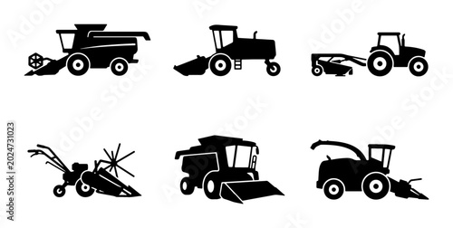 Tableau sur toile Agricultural Machinery Icons Set, Farm Equipment Silhouettes, Harvesting and Til