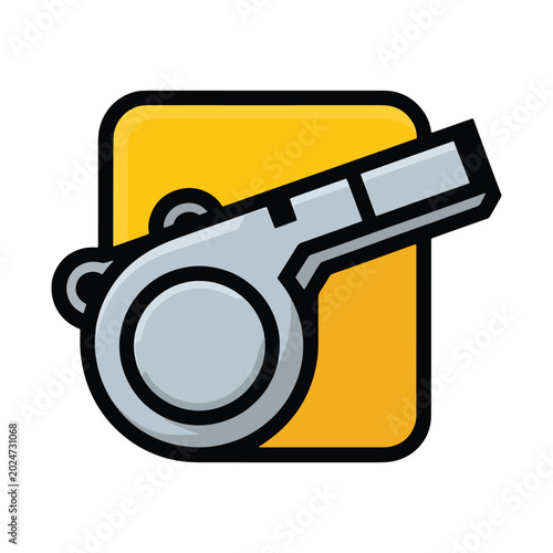 Modern whistle icon vector, sports referee equipment illustration, silver whistle on yellow background