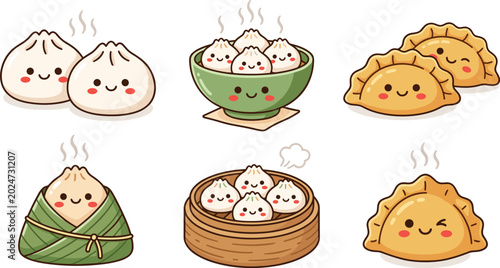 Fotografie Cute kawaii dumpling and steamed snack cartoon collection with happy food charac