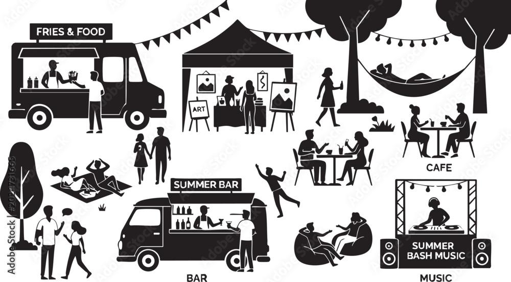 Naklejka premium Summer festival activities collection featuring food trucks art stalls outdoor cafe picnic scenes and live music performance silhouettes in a clean flat vector graphic design