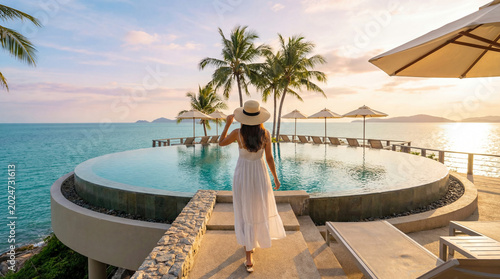Woman enjoying tropical luxury resort vacation, walking towards infinity pool with ocean view at sunset