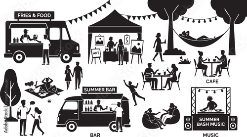 Bild auf Leinwand Summer festival activities collection featuring food trucks art stalls outdoor c