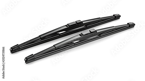 Pair of black windshield wiper blades isolated on white background