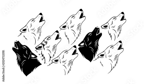 Billede på lærred Eight wolf heads howling in unison black and white illustration