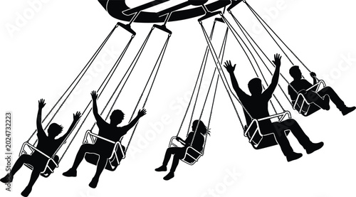 Foto Amusement park swing ride silhouette collection with people enjoying carnival en