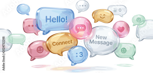 3D glossy speech bubble vector illustration with transparent glass chat boxes for social media network communication layout