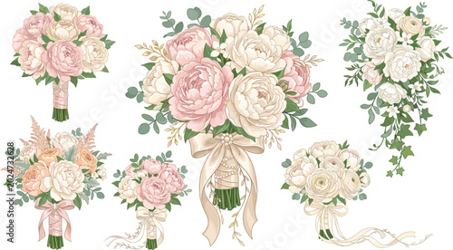 Foto Elegant wedding flower bouquet vector illustration set with pink peony rose euca