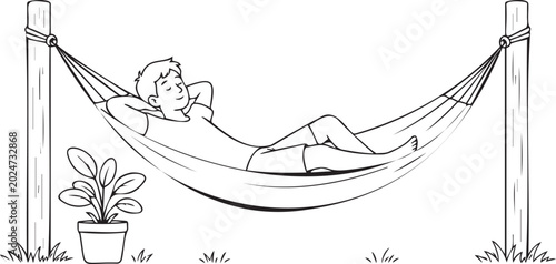 Quadro su tela Relaxed young man lying comfortably in a fabric hammock enjoying a peaceful mome