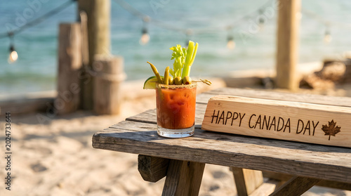 Happy canada day sign on wooden table with caesar drink cocktail celebration