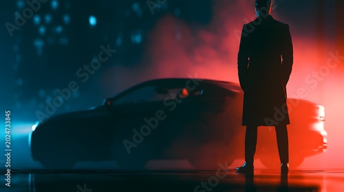 Mysterious figure by glowing car in rainy cityscape