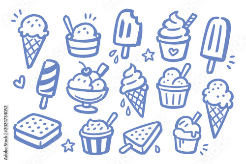 Ice Cream Desserts Set Light Blue Doodle Sketch Vector