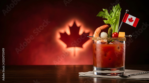 Canadian bloody mary cocktail with maple leaf garnish Canada Day
