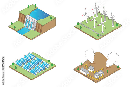 水力発電・風力発電・太陽光発電・地熱発電セット　再生可能エネルギー施設のアイソメトリックイラスト