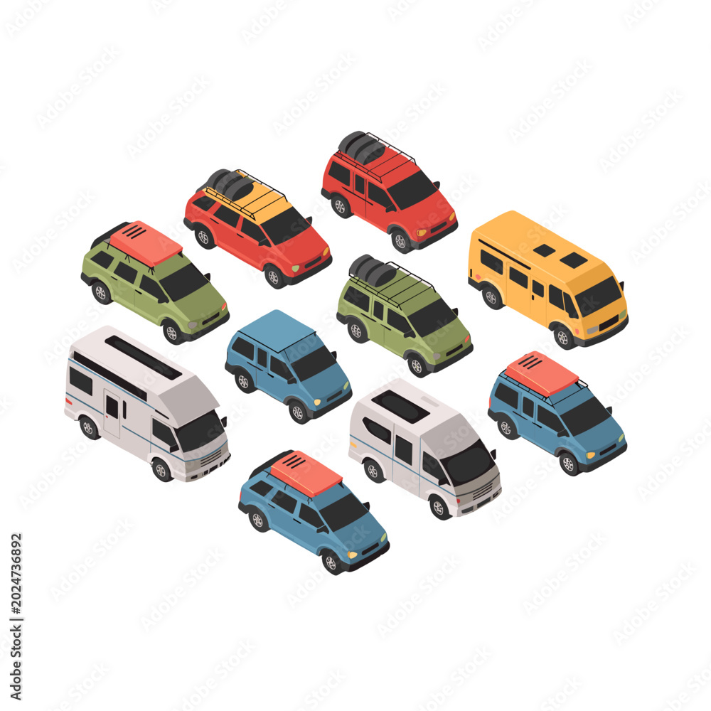 Fototapeta premium Collection of isometric cars, including vans and SUVs, parked closely together.