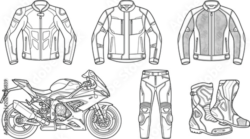Foto Motorcycle Racing Gear Collection with Biker Jackets, Sport Bike, Protective Pan