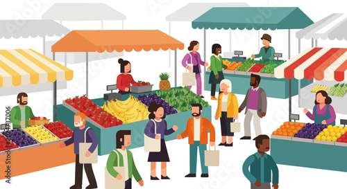 Tableau sur toile People Shopping at Outdoor Market Stalls.