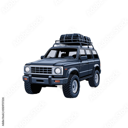 A rugged, dark SUV equipped with a roof rack, ready for an adventure.