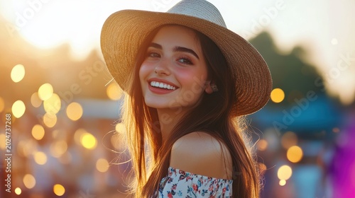 Smiling woman in a straw hat at a summer festival during golden hour
