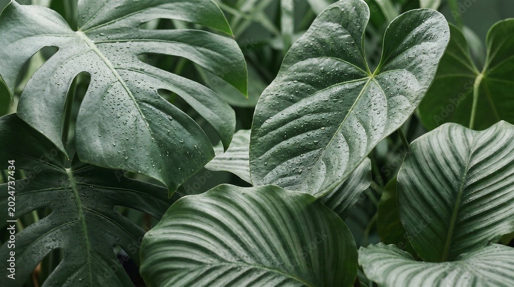 Fototapeta premium Lush green tropical plants with morning dew droplets for biophilic interior design concepts.