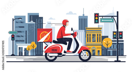 Canvas Print Delivery man on red scooter.
