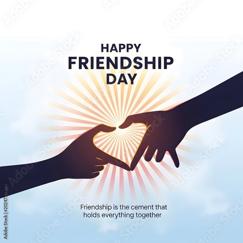 Two hands forming heart shape on friendship day with sunburst background and greeting text