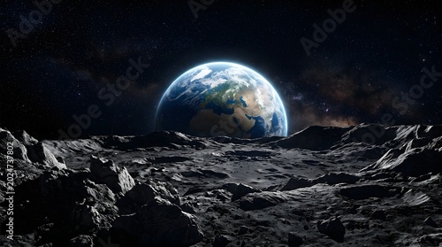 Breathtaking view of planet Earth rising over the dark, rocky lunar horizon with the Milky Way and stars in deep space. A cinematic representation of cosmic exploration and the universe.