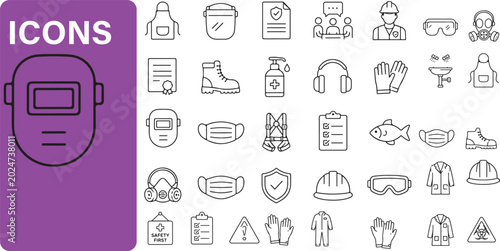 Cuadro en lienzo Personal Protective Equipment and Industrial Safety Icon Set - Work Health, Safety Gear, and PPE Line Art Vector