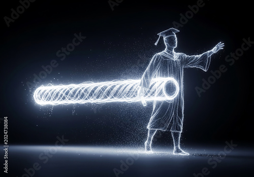 Futuristic Digital Graduate with Glowing Particle Trail Concept