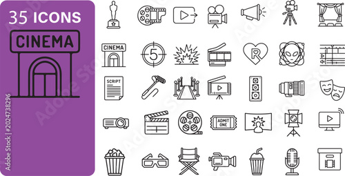 Foto Cinema and Film Production Icon Set - Movie Theater, Cinematography, and Entertainment Industry Line Art Vector