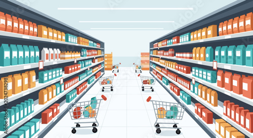 Foto Shopping carts in a supermarket aisle.