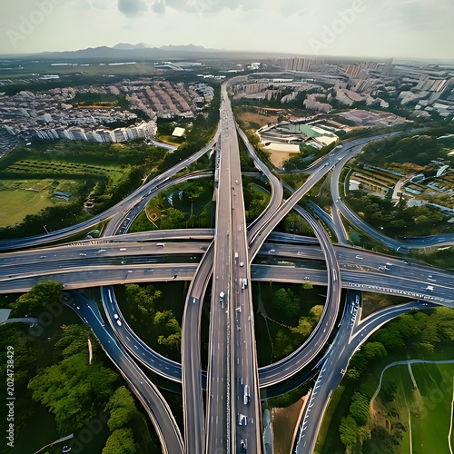 Extensive highway interchange with city skyline backdrop