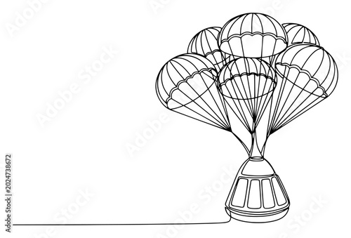 Quadro su tela Space capsule descending with multiple parachutes in continuous line art style
