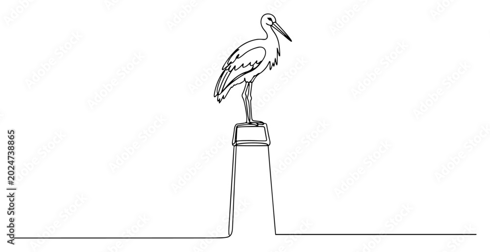 Naklejka premium Stork bird standing on top of a chimney in minimalist continuous line art style